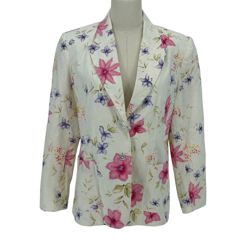 Chadwick's Blazer Cream Floral Linen Cotton Blend Two Button Jacket 6P